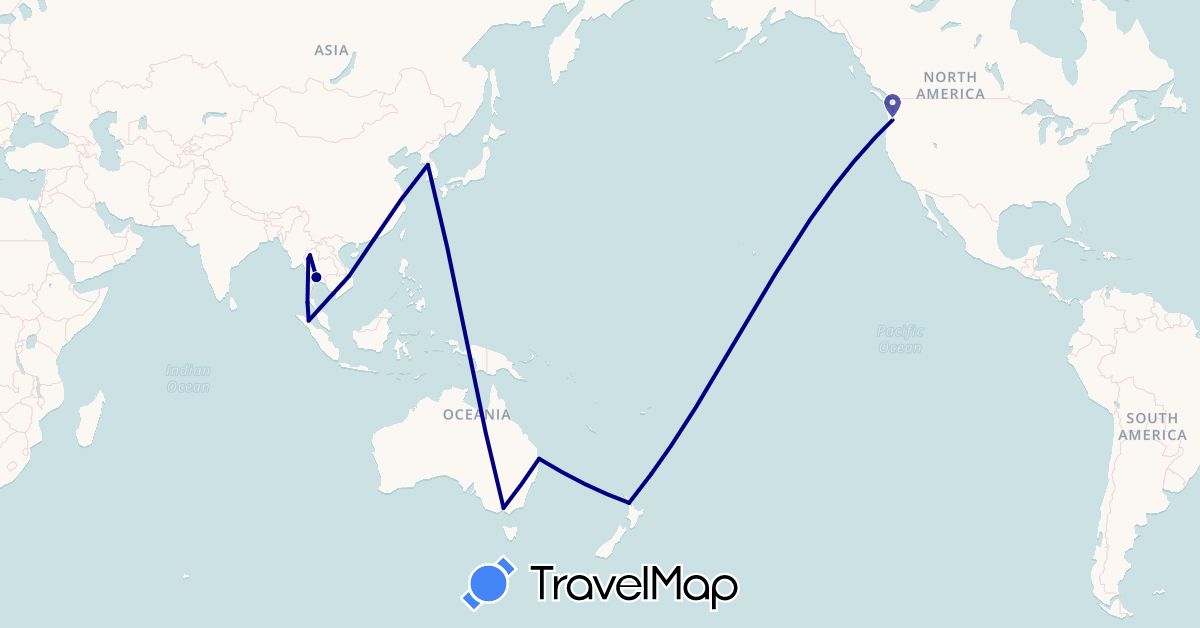 TravelMap itinerary: driving in Australia, Hong Kong, Indonesia, South Korea, New Zealand, Thailand, United States, Vietnam (Asia, North America, Oceania)